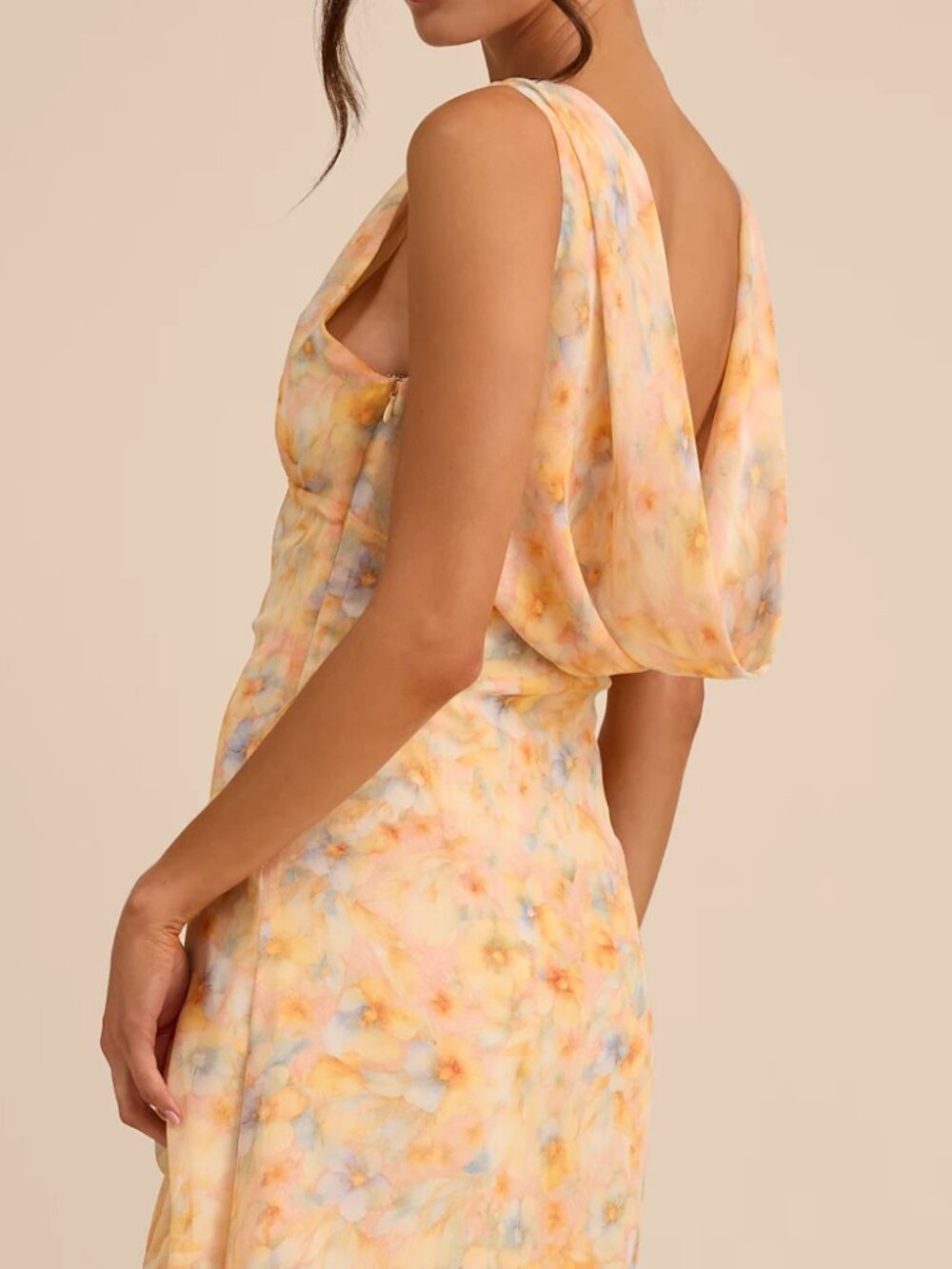 Lulus Laraline Peach Multi Floral Ruffled Cowl Back Maxi Dress Orange - Size S